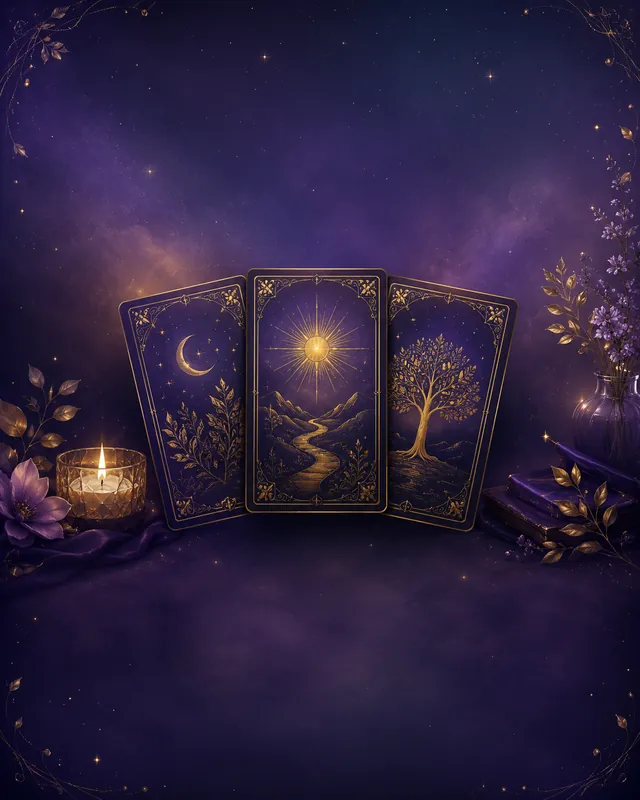 Três cartas de tarô em uma mesa iluminada